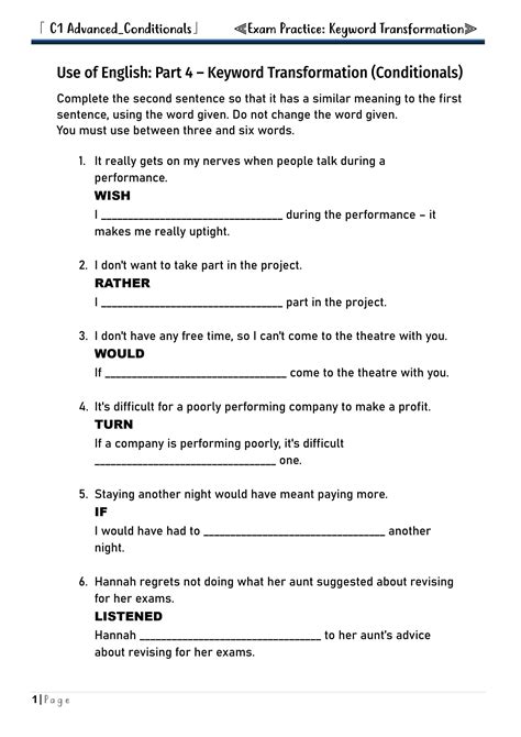 C1 Advanced Conditionals Keyword Transformation With Answer Key By