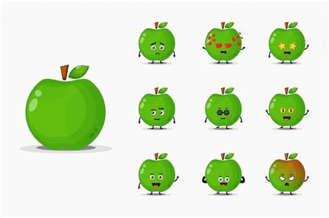 Premium Vector Cute Green Apple Mascot Set