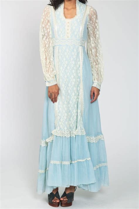 Gunne Sax Dress S Maxi Boho Lace Prairie Pastel Baby Blue Etsy