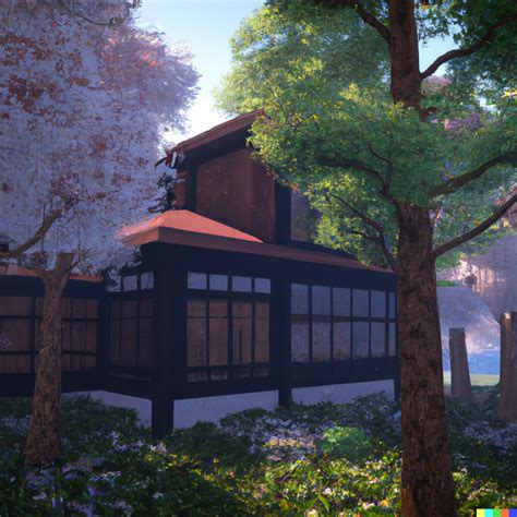 Adrian × Dall·e 2 Japanese House Made Out Of Dark Wood In Cherry Blossom Forest In The Style