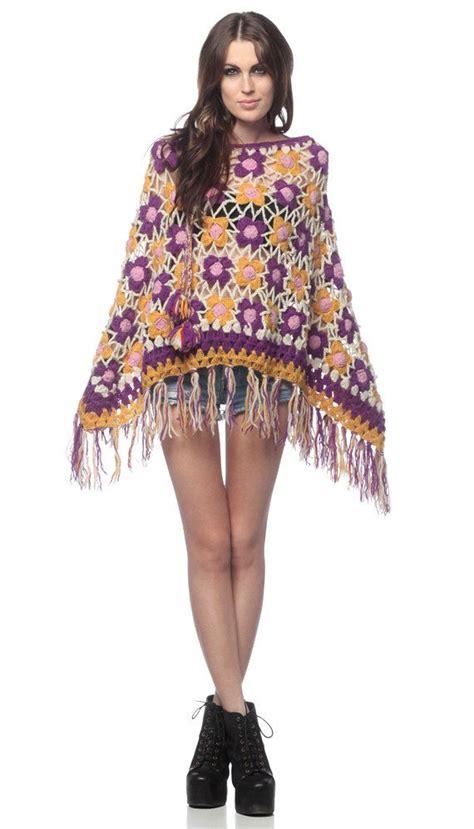 Crochet Shawl 70s Hippie Fringe Floral Knit Purple 1970s Etsy Floral Knit Crochet Shawl