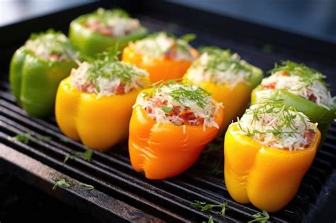 Premium AI Image Trio Of Bell Peppers Stuffed Before And After Grilling