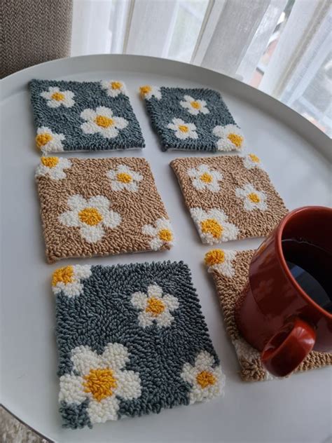 Punch Needle Coaster Handmade Mug Rug Drink Coasters Floral Etsy