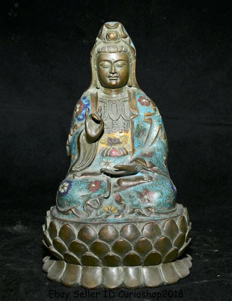 Old Cloisonne Enamel Bronze Kwan Yin Guan Yin Boddhisattva Lotus