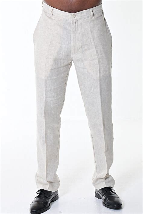 Mens Bohio Linen Natural Flat Front Casual Dress Pants