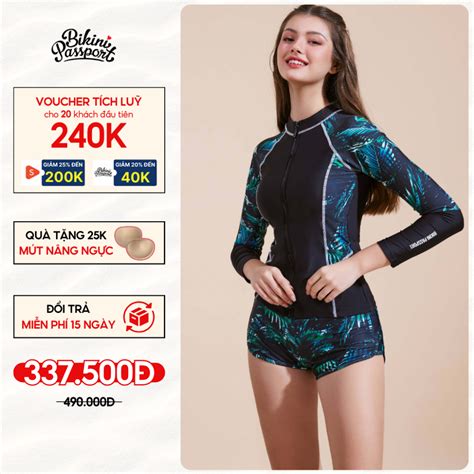 Đồ bơi nữ BIKINI PASSPORT kiểu Hai mảnh quần short áo tay dài khóa kéo