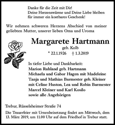 Traueranzeigen Von Margarete Hartmann Vrm Trauerde