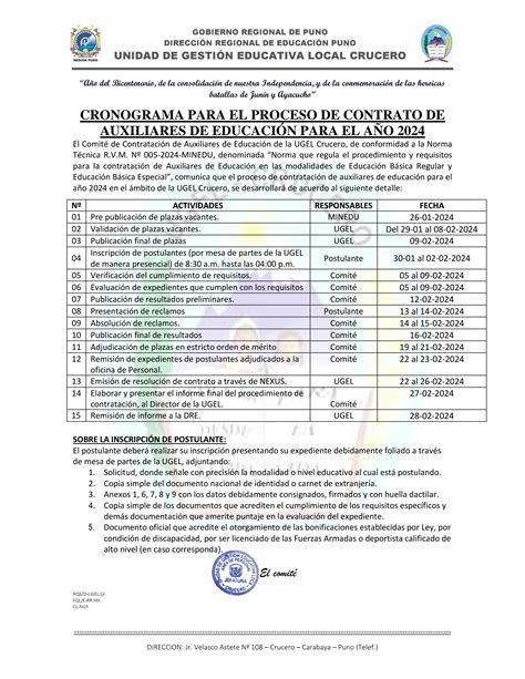 CONVOCATORIA CRONOGRAMA PARA EL PROCESO DE CONTRATO DE AUXILIARES DE