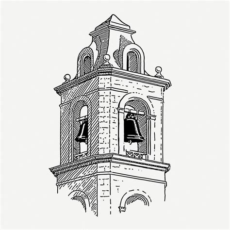 Download Free Psd Image Of Bell Tower Drawing Vintage Illustration