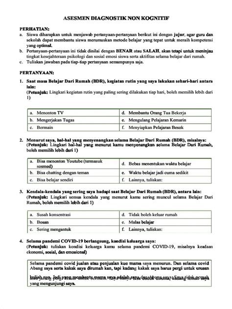 Soal Asesmen Diagnostik Non Kognitif Pdf