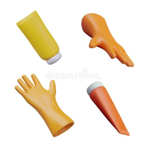 Yellow And Orange Rubber Gloves Tubes With Household Chemicals Stock