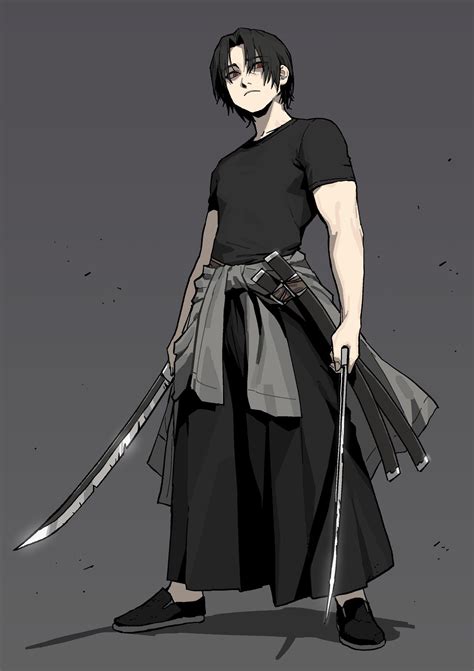 An Anime Character Holding Two Swords In One Hand And Wearing A Black