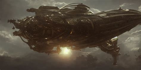 Steampunk Spaceship Hovering Over Fields And Small Stable Diffusion