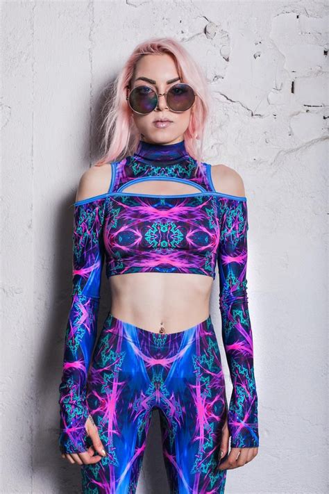 Blue Long Sleeve Crop Top Rave Cold Shoulder Top Psy Trance Etsy