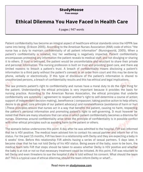 Ethical Dilemma You Have Faced In Health Care Free Essay Example