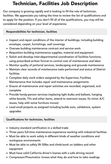 Technician Facilities Job Description Velvet Jobs