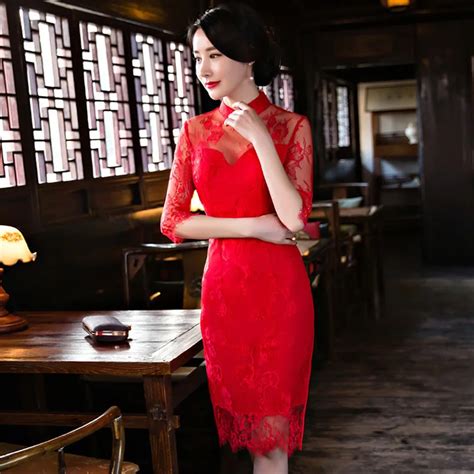 Modern Cheongsam Dress Women Traditional Red Lace Qipao Chinese Dresses