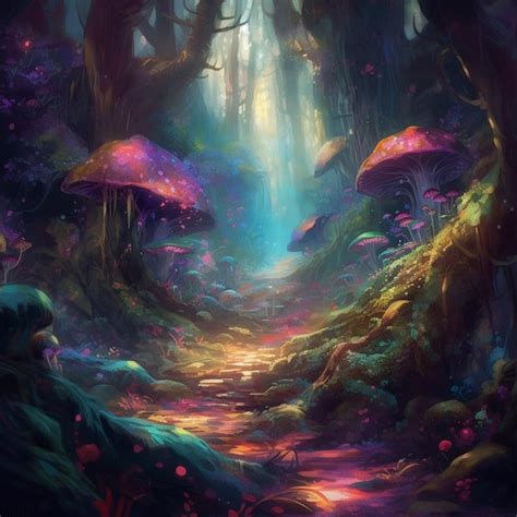 Una Pintura De Un Bosque Con Un Hongo Morado Foto Premium