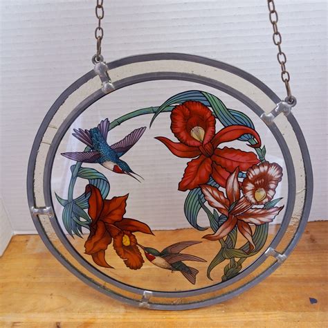 Vintage Glassmasters Suncatcher Hummingbirds And Orchids Hummingbird