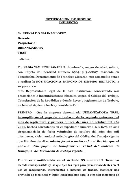 Despido Indirecto Notificacion De Despido Indirecto Sr Reinaldo