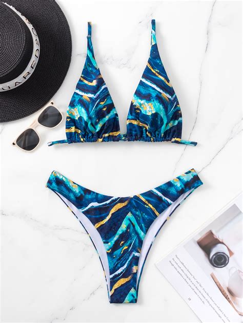 Marble Print Triangle High Cut Bikini Swimsuit SHEIN UK