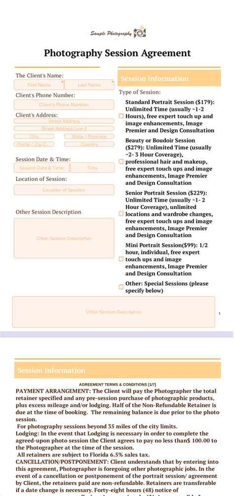 Photography Session Agreement Template Sign Templates Jotform