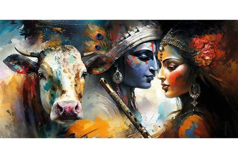 abstract radha krishna with cow Krishna images romantic art painting