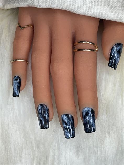 Black Nails With White Marble Black Nails Navy Blue Nails Ballerina