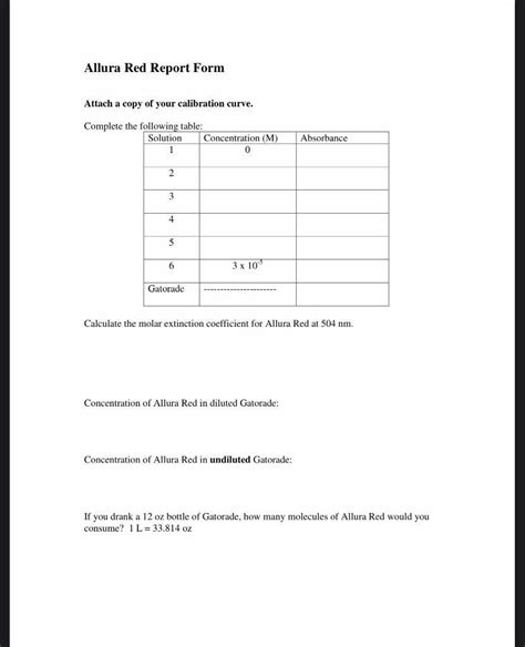 Solved Beers Law Data The Concentration Of The Allura Red