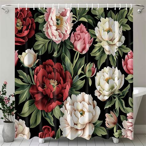 Shabby Chic Floral Shower Curtain With Peonies And Tulips On Black