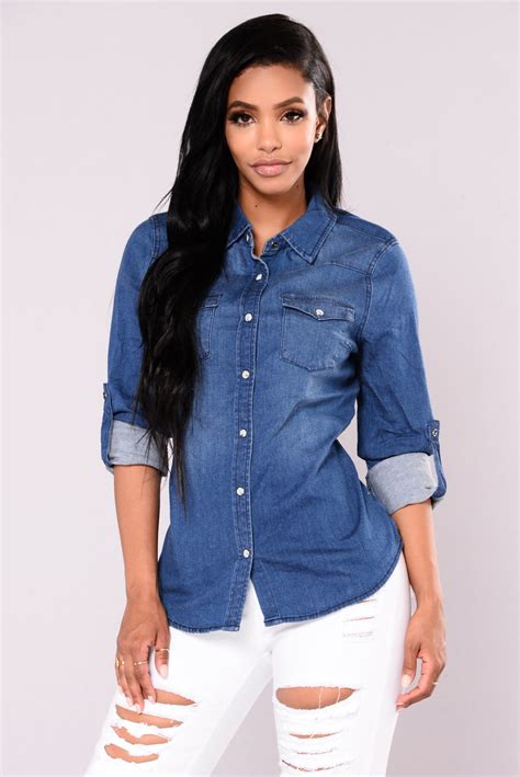 At Last Button Up Top Medium Wash Fashion Nova Shirts And Blouses Fashion Nova