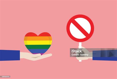 A Hand Holds A Prohibition Sign To A Rainbow Heart Stock Illustration