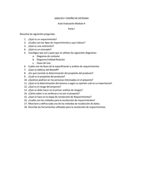 Auto Evaluación Módulo 4 Parte I ANALISIS Y DISEÑO DE SISTEMAS Auto