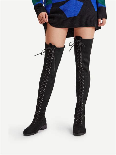 Shop Lace Up Front Over Knee Suede Boots Online Shein Offers Lace Up