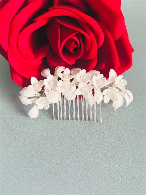 Porcelain White Flower Pearl Hair Comb White Ceramic Flower Pearl