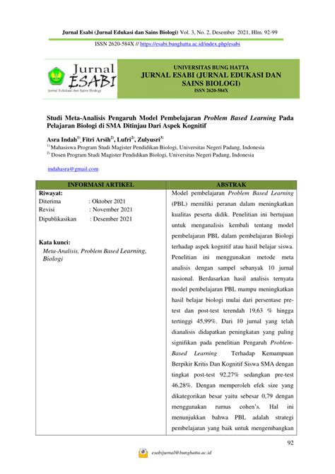 PDF Studi Meta Analisis Pengaruh Model Pembelajaran Problem Based