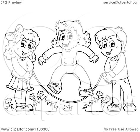 Cartoon Of Outlined Happy Children Playing Jump Rope Royalty Free