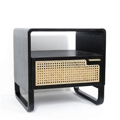 Minimalist Black Nightstand Rattan Woven Bedside Table With Drawer Homary