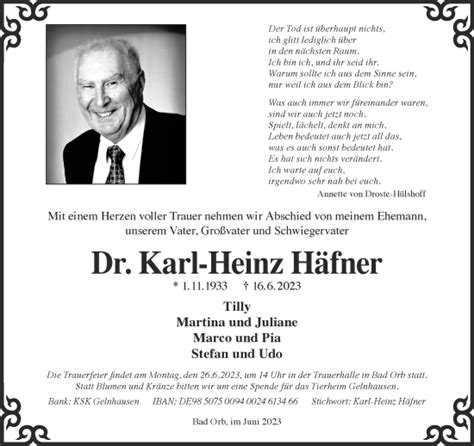 Traueranzeigen Von Karl Heinz H Fner Trauer Gnz De