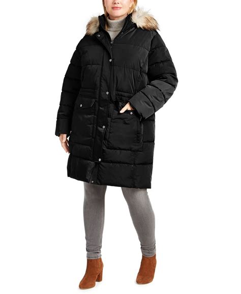 DKNY Plus Size Faux Fur Trim Hooded Anorak Puffer Coat Stylish And