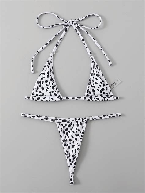 Shein Swim Summer Beach Dalmatian Halter Micro Triangle Thong Bikini