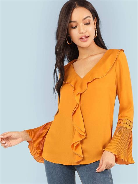 Ruffle Neck Lace Insert Pleated Cuff Top In Cuffed Top Top