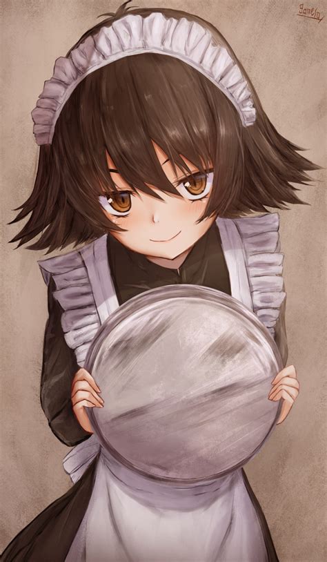 Safebooru 1girl Alternate Costume Apron Black Hair Brown Eyes Enmaided Flipped Hair Gameso