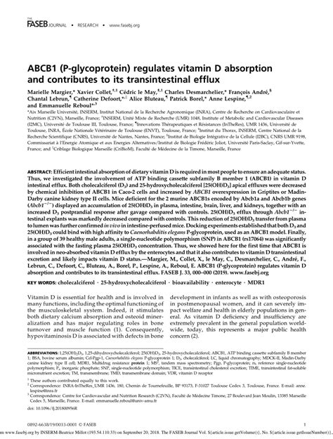 Pdf Abcb1 P Glycoprotein Regulates Vitamin D Absorption And Contributes To Its