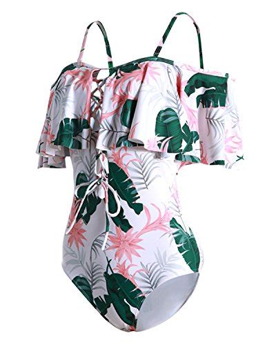 Tempt Me Women Floral Sexy One Piece Swimsuit Ruffled Off Shoulder Lace Up Bathing Suit M On