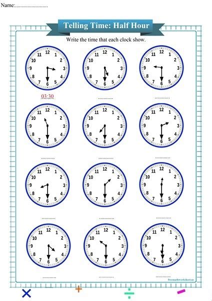 Telling Time To The Half Hour Worksheets