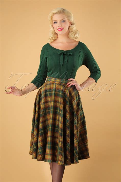 With The 40s Bridget Full Swing Skirt In Green Tartan Swing Skirt