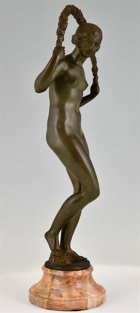 Art Deco Bronze Sculpture Nude With Garland Deconamic