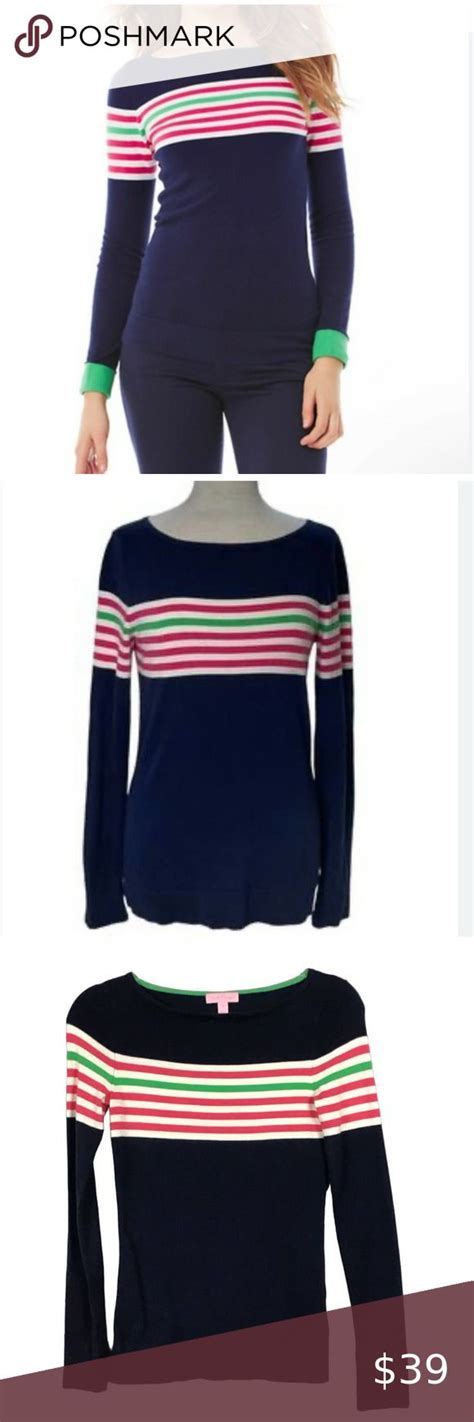 Lilly Pulitzer Maria Boatneck Sweater Navy Blue Worth Pink White Stripe