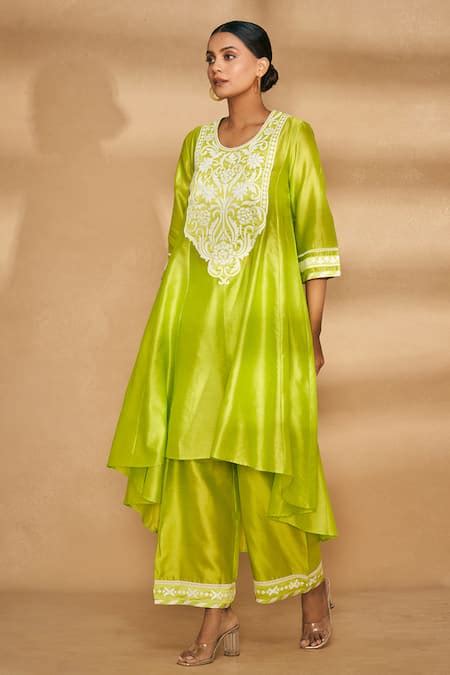 Buy Green Chanderi Embroidered Applique U Neck Kali Kurta For Women By